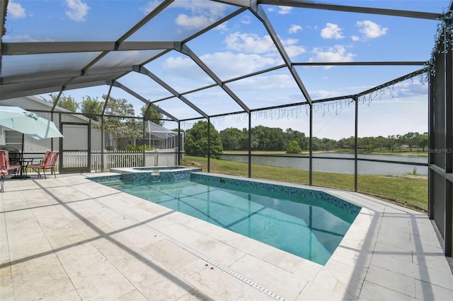 12102 Steppingstone Blvd, Tampa, FL 33635 - view of pool featuring a water view, a patio area, a pool with connected hot tub, and a lanai