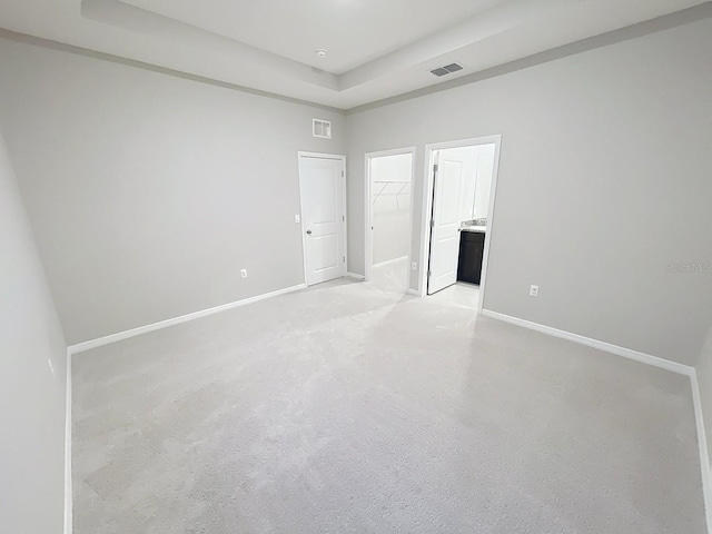 13014 Willow Grove Dr, Riverview, FL 33579 - unfurnished bedroom featuring baseboards, a tray ceiling, a walk in closet, and light colored carpet