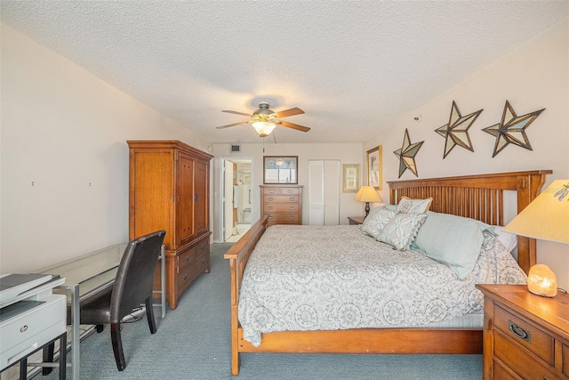 14900 Gulf Blvd Unit 308, Madeira Beach, FL 33708 - carpeted bedroom featuring an office area, a textured ceiling, and ceiling fan