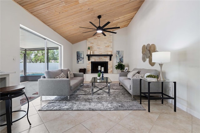 4706 Fox Hunt Dr, Tampa, FL 33624 - tiled living area with wood ceiling, ceiling fan, high vaulted ceiling, and a stone fireplace