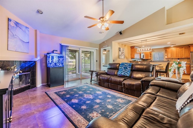 2016 Chelam Way, Brandon, FL 33511 - living room featuring a ceiling fan, lofted ceiling, and recessed lighting