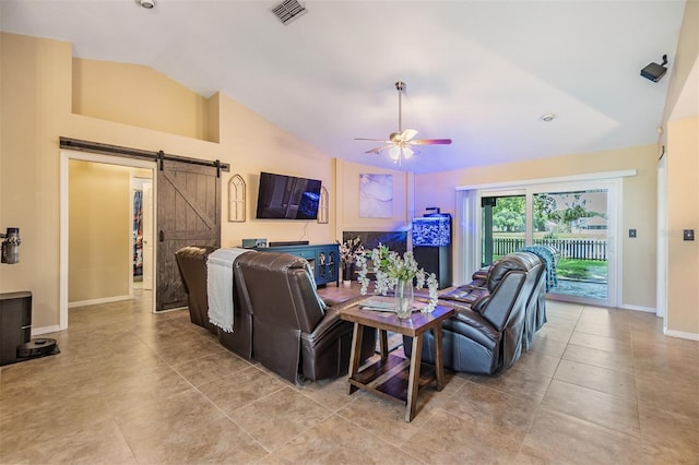 2016 Chelam Way, Brandon, FL 33511 - tiled living room with lofted ceiling, a barn door, ceiling fan, and baseboards
