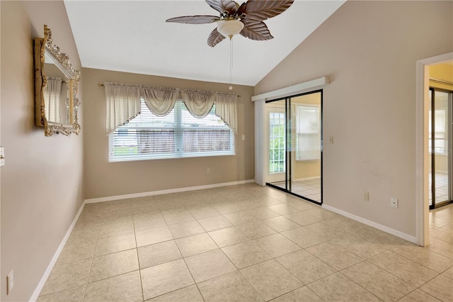 1604 Comfy Ct, Sun City Center, FL 33573 - empty room with lofted ceiling, ceiling fan, light tile patterned flooring, and baseboards