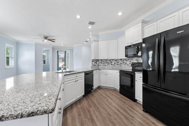 11016 Kiskadee Cir, New Port Richey, FL 34654 - kitchen with black appliances, a sink, ornamental molding, a peninsula, and a ceiling fan