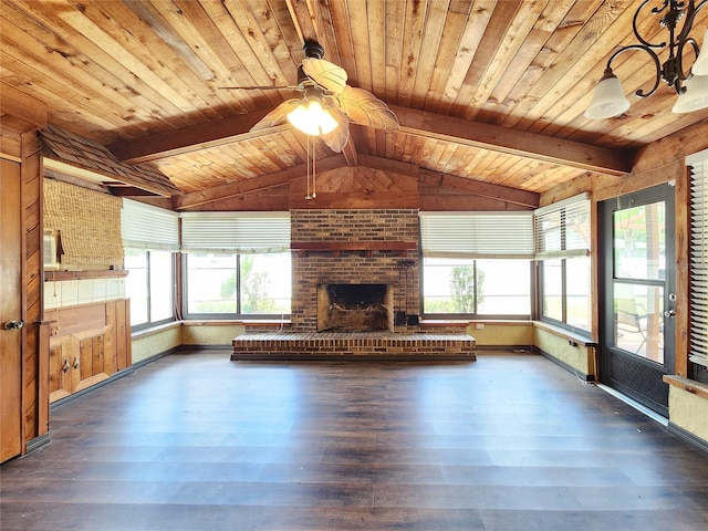4102 Stonehenge Rd, Mulberry, FL 33860 - unfurnished living room with plenty of natural light, wood finished floors, ceiling fan, a brick fireplace, and wooden ceiling
