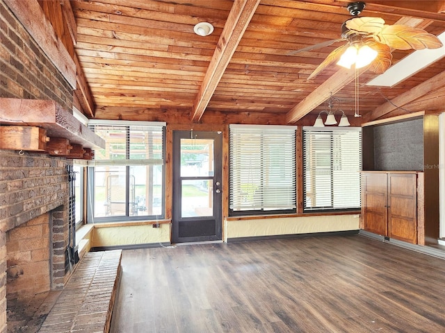 4102 Stonehenge Rd, Mulberry, FL 33860 - unfurnished living room featuring wood ceiling, wood finished floors, ceiling fan, and a brick fireplace