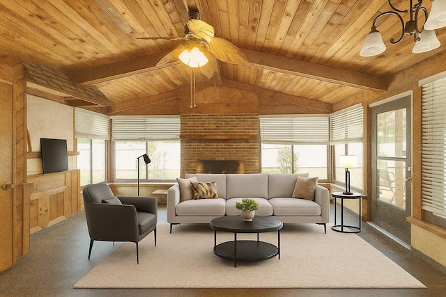 4102 Stonehenge Rd, Mulberry, FL 33860 - living area featuring ceiling fan, wood ceiling, and a fireplace