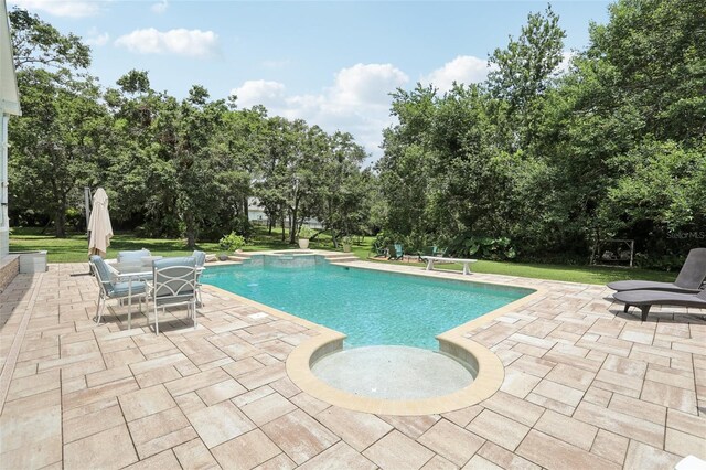 1709 Main St, Safety Harbor, FL 34695 - view of swimming pool with a patio area, view of wooded area, a pool with connected hot tub, and a lawn
