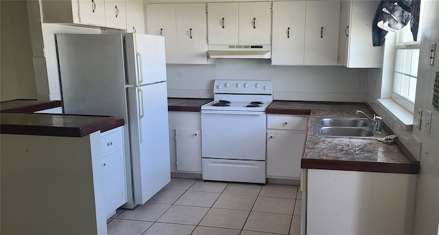 2603 Mary Sue St SW, Largo, FL 33774 - kitchen featuring white appliances, under cabinet range hood, a sink, and white cabinets