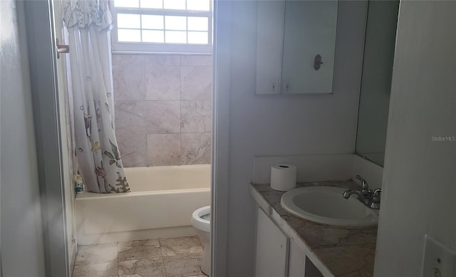 2603 Mary Sue St SW, Largo, FL 33774 - full bath with vanity, toilet, shower / tub combo with curtain, and marble look tile flooring