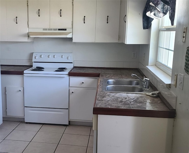 2603 Mary Sue St SW, Largo, FL 33774 - kitchen featuring electric range, under cabinet range hood, a sink, and white cabinets