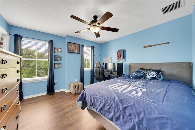 11904 Greenchop Pl, Riverview, FL 33579 - bedroom featuring wood finished floors, multiple windows, baseboards, a ceiling fan, and a textured ceiling