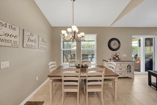 11904 Greenchop Pl, Riverview, FL 33579 - dining space featuring a chandelier, light tile patterned flooring, lofted ceiling, and baseboards