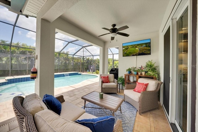11904 Greenchop Pl, Riverview, FL 33579 - outdoor pool with an outdoor living space, a patio area, ceiling fan, and a lanai