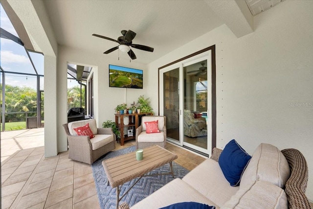 11904 Greenchop Pl, Riverview, FL 33579 - view of patio / terrace featuring ceiling fan, an outdoor living space, and a lanai