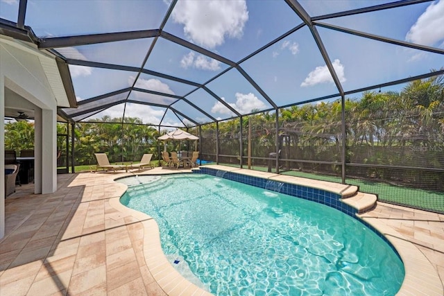 11904 Greenchop Pl, Riverview, FL 33579 - outdoor pool with a patio area, outdoor dining area, and glass enclosure