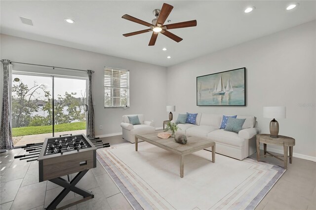 1402 Harbour Walk Rd, Tampa, FL 33602 - living room featuring ceiling fan, recessed lighting, and baseboards