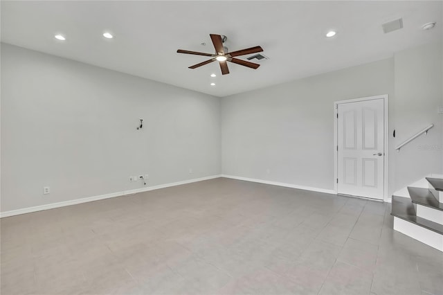 1402 Harbour Walk Rd, Tampa, FL 33602 - empty room featuring ceiling fan, recessed lighting, stairs, baseboards, and a smoke detector