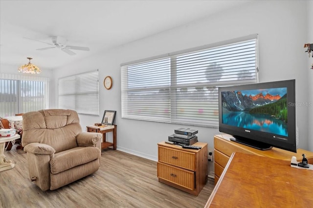 2214 Highclere Cir Unit 6, Sun City Center, FL 33573 - living room featuring light wood-style floors, a ceiling fan, and baseboards