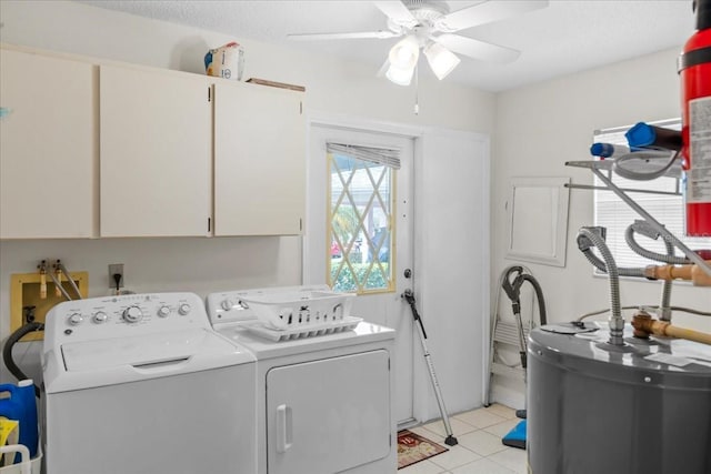 2214 Highclere Cir Unit 6, Sun City Center, FL 33573 - laundry room featuring cabinet space, washer and dryer, water heater, a ceiling fan, and light tile patterned floors