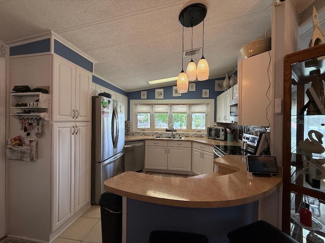 12021 Club House Rd, Brooksville, FL 34613 - kitchen with appliances with stainless steel finishes, a sink, a peninsula, a textured ceiling, and decorative light fixtures