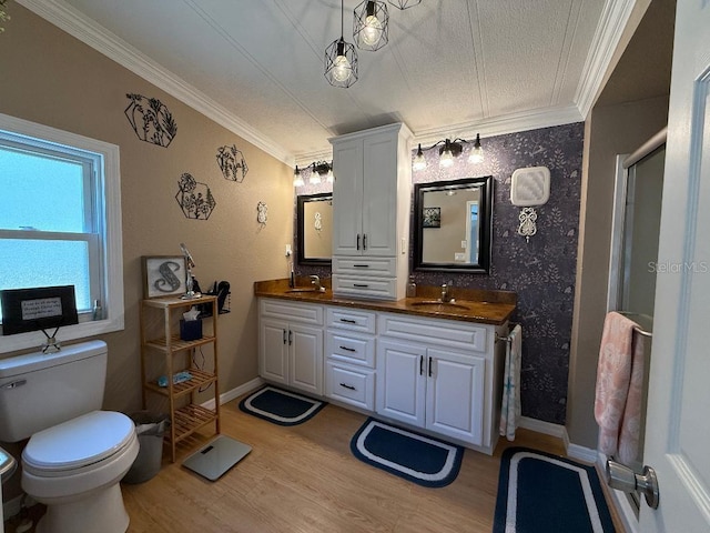 12021 Club House Rd, Brooksville, FL 34613 - bathroom featuring wood finished floors, double vanity, ornamental molding, toilet, and an enclosed shower