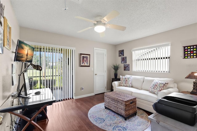 190 Dale Pl, Oldsmar, FL 34677 - living area with healthy amount of natural light, ceiling fan, wood finished floors, and a textured ceiling