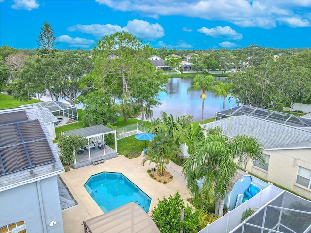 1807 Split Fork Dr, Oldsmar, FL 34677 - view of pool featuring a water view, a fenced backyard, a patio area, and a lanai