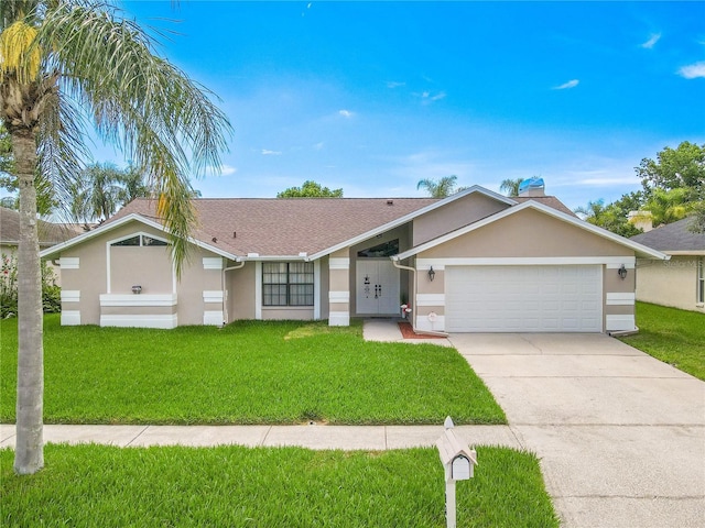 1838 Eagle Ridge Blvd, Palm Harbor, FL 34685 - single story home with stucco siding, a garage, concrete driveway, and a front lawn