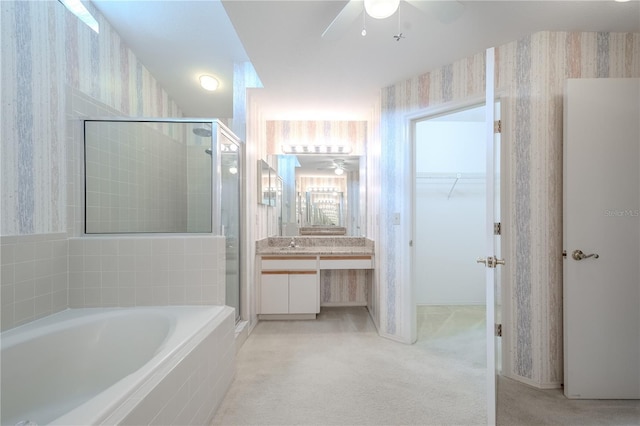 1838 Eagle Ridge Blvd, Palm Harbor, FL 34685 - full bathroom featuring a ceiling fan, a stall shower, vanity, and wallpapered walls
