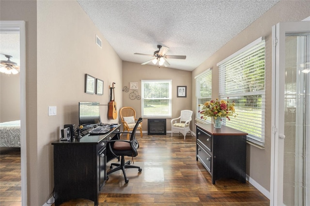 8225 SW 108th Street Rd, Ocala, FL 34481 - office space featuring a ceiling fan, dark wood-style floors, a textured ceiling, vaulted ceiling, and baseboards