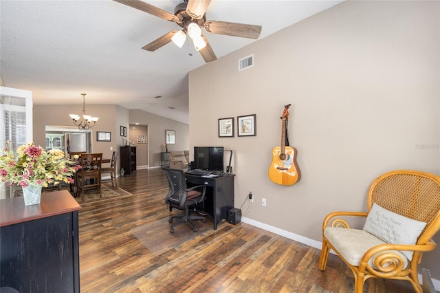 8225 SW 108th Street Rd, Ocala, FL 34481 - office area featuring a chandelier, wood finished floors, vaulted ceiling, a ceiling fan, and baseboards