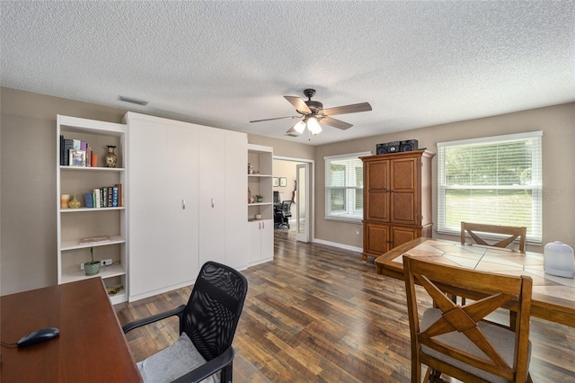 8225 SW 108th Street Rd, Ocala, FL 34481 - home office with ceiling fan, dark wood-style floors, a textured ceiling, and baseboards