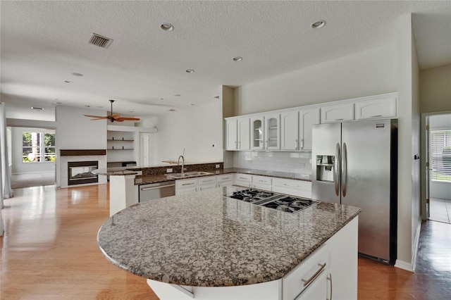 27440 Cedar Park Ct, Wesley Chapel, FL 33544 - kitchen featuring appliances with stainless steel finishes, a peninsula, light wood-style floors, a sink, and ceiling fan