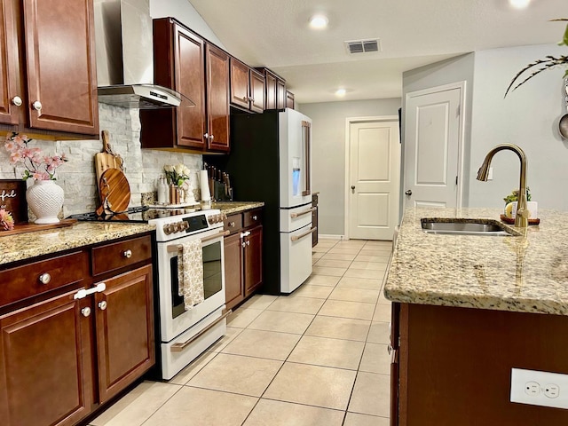 14015 Arbor Pines Dr, Riverview, FL 33579 - kitchen with wall chimney range hood, range with electric stovetop, a sink, decorative backsplash, and light tile patterned floors