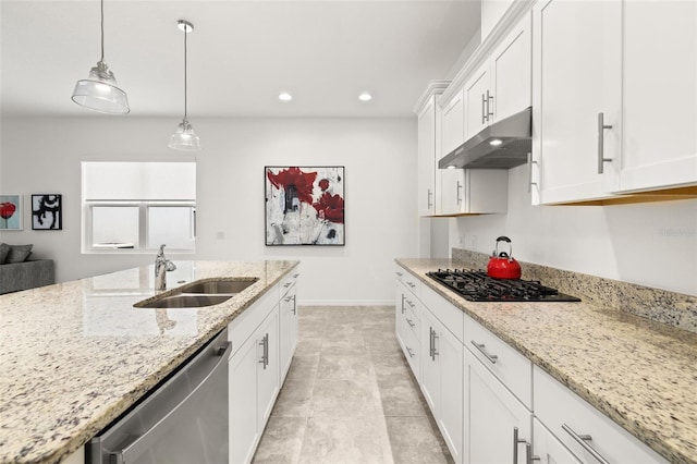 1890 Flora Pass Pl, Kissimmee, FL 34747 - kitchen featuring under cabinet range hood, a sink, stainless steel dishwasher, black gas stovetop, and white cabinets
