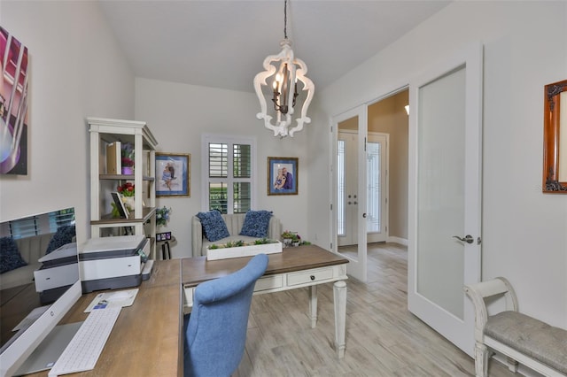 6016 Shadowlake Dr, Apollo Beach, FL 33572 - office space with a chandelier, french doors, wood finished floors, and baseboards