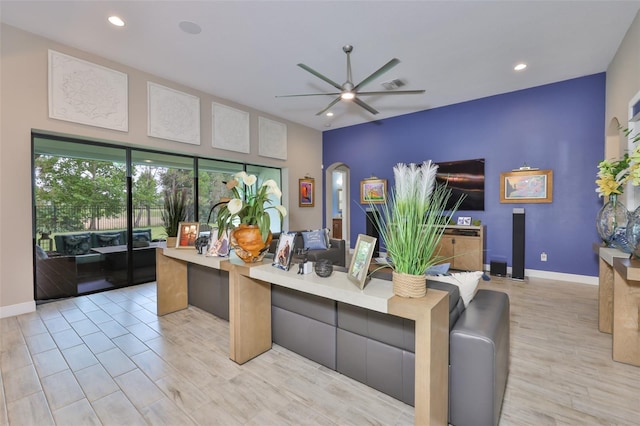 6016 Shadowlake Dr, Apollo Beach, FL 33572 - living area with ceiling fan, light wood-style flooring, recessed lighting, baseboards, and a desk