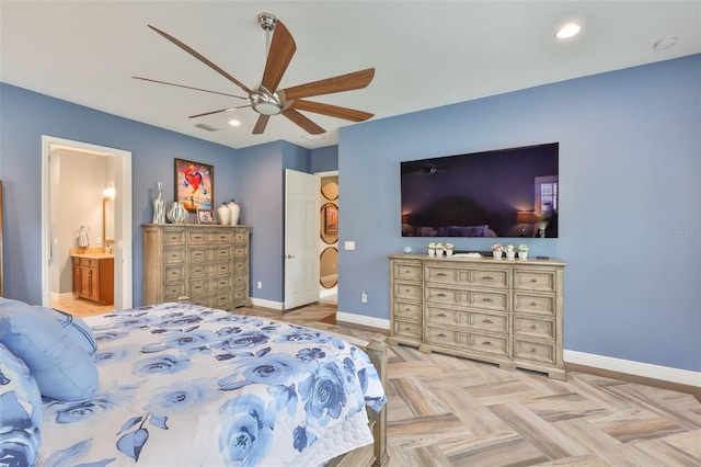 6016 Shadowlake Dr, Apollo Beach, FL 33572 - bedroom featuring baseboards, recessed lighting, ensuite bath, and ceiling fan