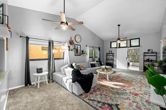 7741 Forest Trl Unit 6, Port Richey, FL 34668 - living room featuring ceiling fan, carpet flooring, and high vaulted ceiling