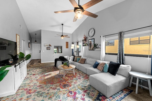 7741 Forest Trl Unit 6, Port Richey, FL 34668 - living room with high vaulted ceiling, a ceiling fan, and healthy amount of natural light