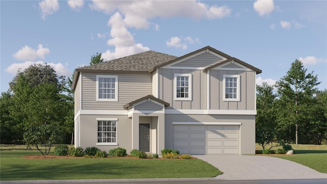 1712 Tropical Oasis Ave, Plant City, FL 33565 - view of front facade with a garage, driveway, a front lawn, board and batten siding, and roof with shingles