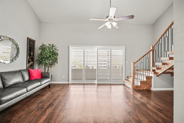 2581 Countryside Blvd Unit 2309, Clearwater, FL 33761 - living area featuring stairway, a ceiling fan, hardwood / wood-style flooring, and baseboards