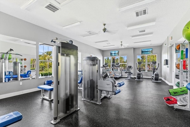32193 Watoga Loop, Wesley Chapel, FL 33543 - workout area featuring ceiling fan and a textured ceiling