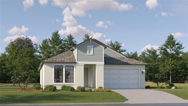 7542 E 117th Ln, Palmetto, FL 34221 - view of front of home with driveway, a garage, a shingled roof, a front lawn, and stucco siding