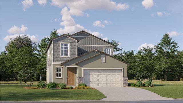 8770 Linked Dr, New Port Richey, FL 34655 - view of front facade featuring driveway, stone siding, a front yard, and a garage