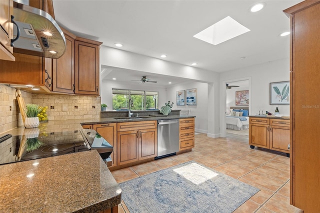 715 45th Ave NE, Saint Petersburg, FL 33703 - kitchen featuring dishwasher, brown cabinets, backsplash, a ceiling fan, and recessed lighting