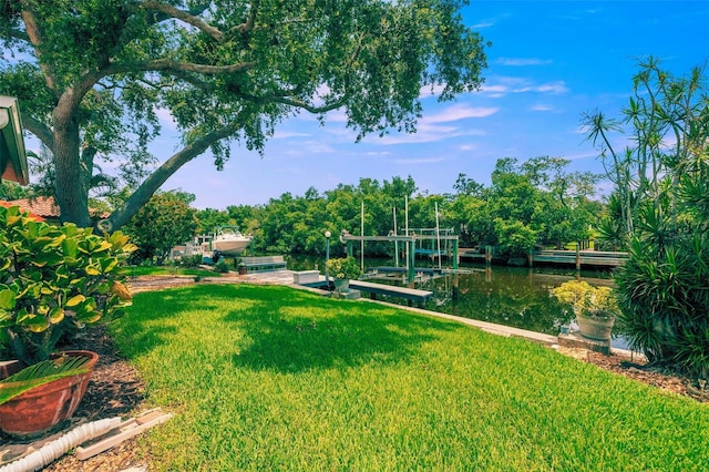 715 45th Ave NE, Saint Petersburg, FL 33703 - view of green lawn featuring boat lift, a boat dock, and a water view