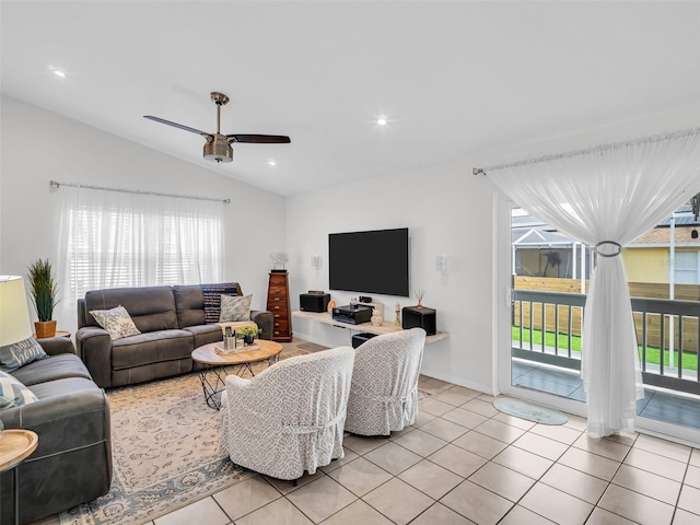 1102 Goshen Rd, Tarpon Springs, FL 34689 - living room with vaulted ceiling, ceiling fan, light tile patterned floors, and recessed lighting