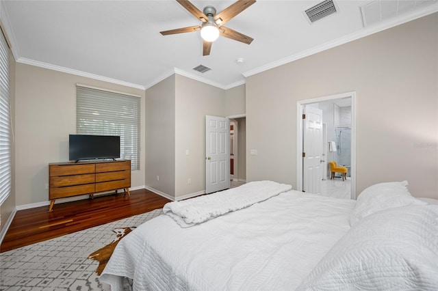 3000 Naughton Way, Tarpon Springs, FL 34688 - bedroom with ornamental molding, wood finished floors, baseboards, a ceiling fan, and ensuite bath